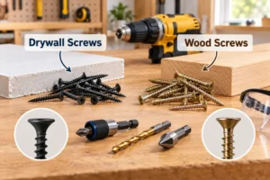 Drywall screws and wood screws arranged beside drywall and wood samples on a clean workshop bench.