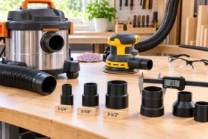 Shop vacuum hose fittings and adapters being measured and matched to a power tool dust port