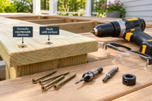 Deck screws, countersink bit, drill driver, and deck board samples showing correct screw depth and pilot-hole preparation.