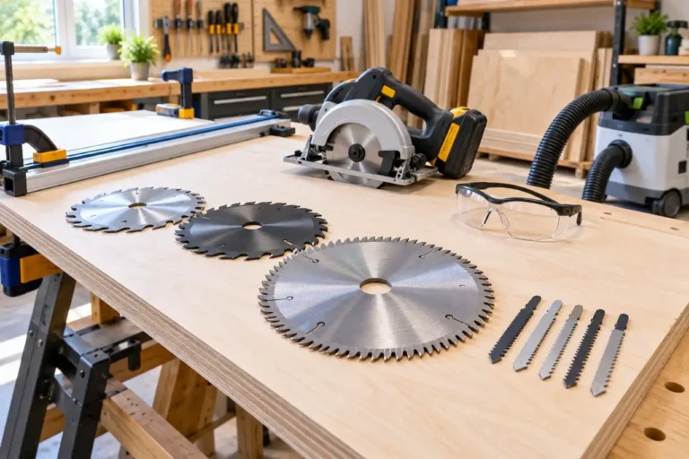 Plywood blade selection setup with circular saw, fine-tooth saw blades, supported plywood, straightedge guide, and safety glasses.
