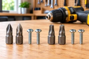 New and worn driver bits compared beside screws on a DIY workbench