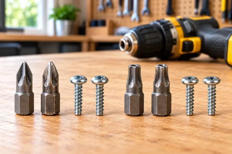 New and worn driver bits compared beside screws on a DIY workbench