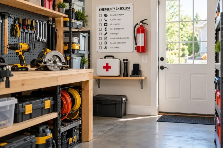 DIY workshop emergency checklist with first aid kit fire extinguisher and organized tools